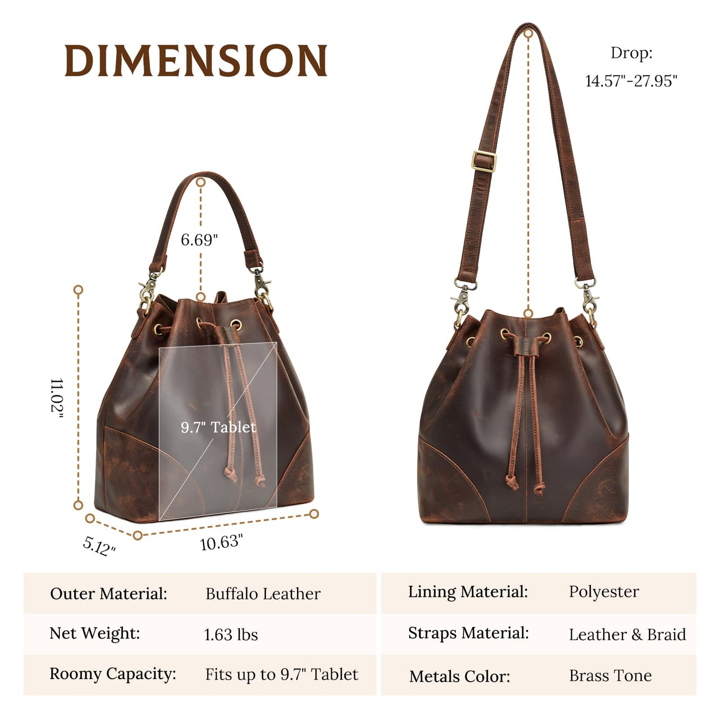 S-ZONE Genuine Leather Bucket Bags for Women Drawstring Crossbody Purses Shoulder Top Handle Handbags with 2 Straps