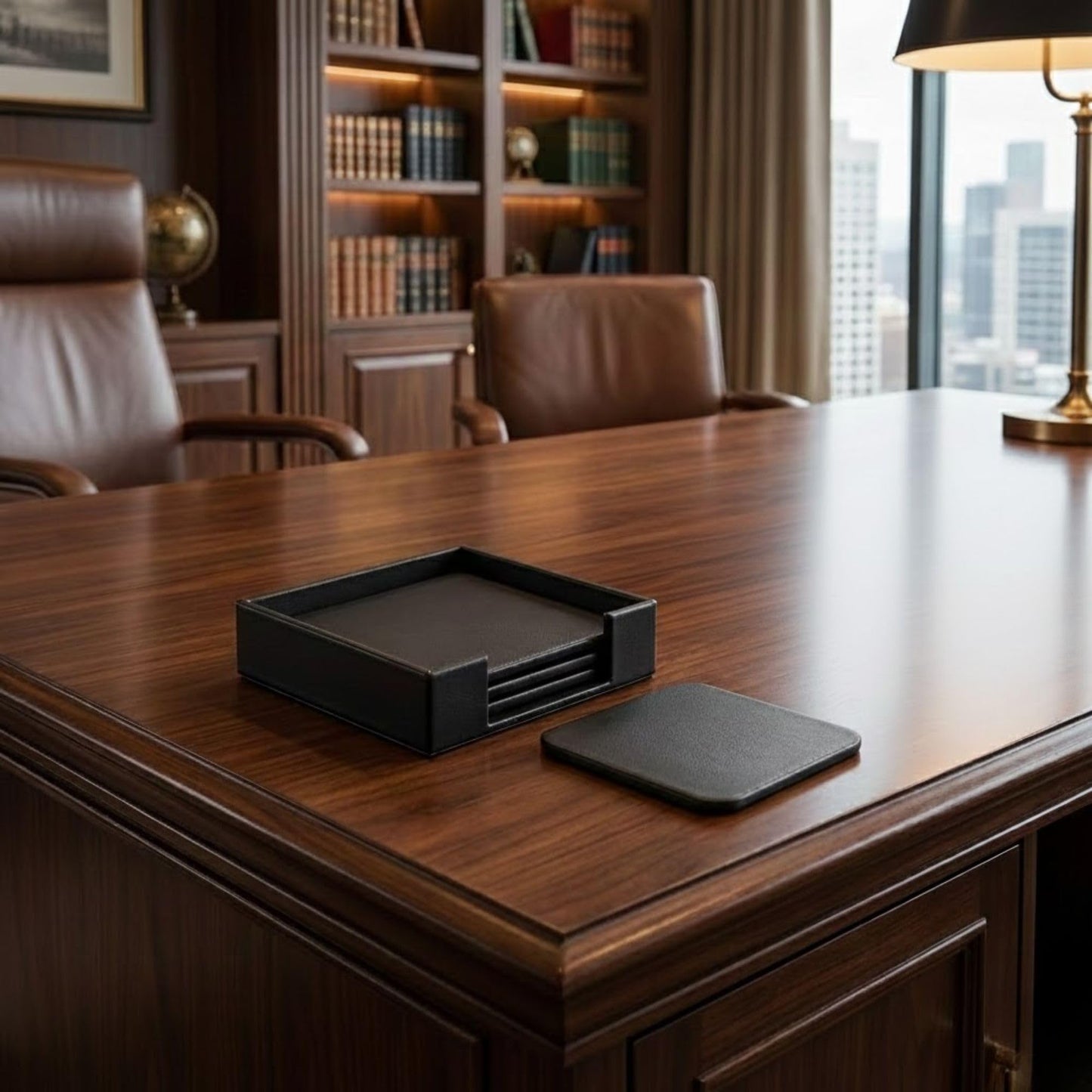 Dacasso Black Leather 4-Square Coaster Set