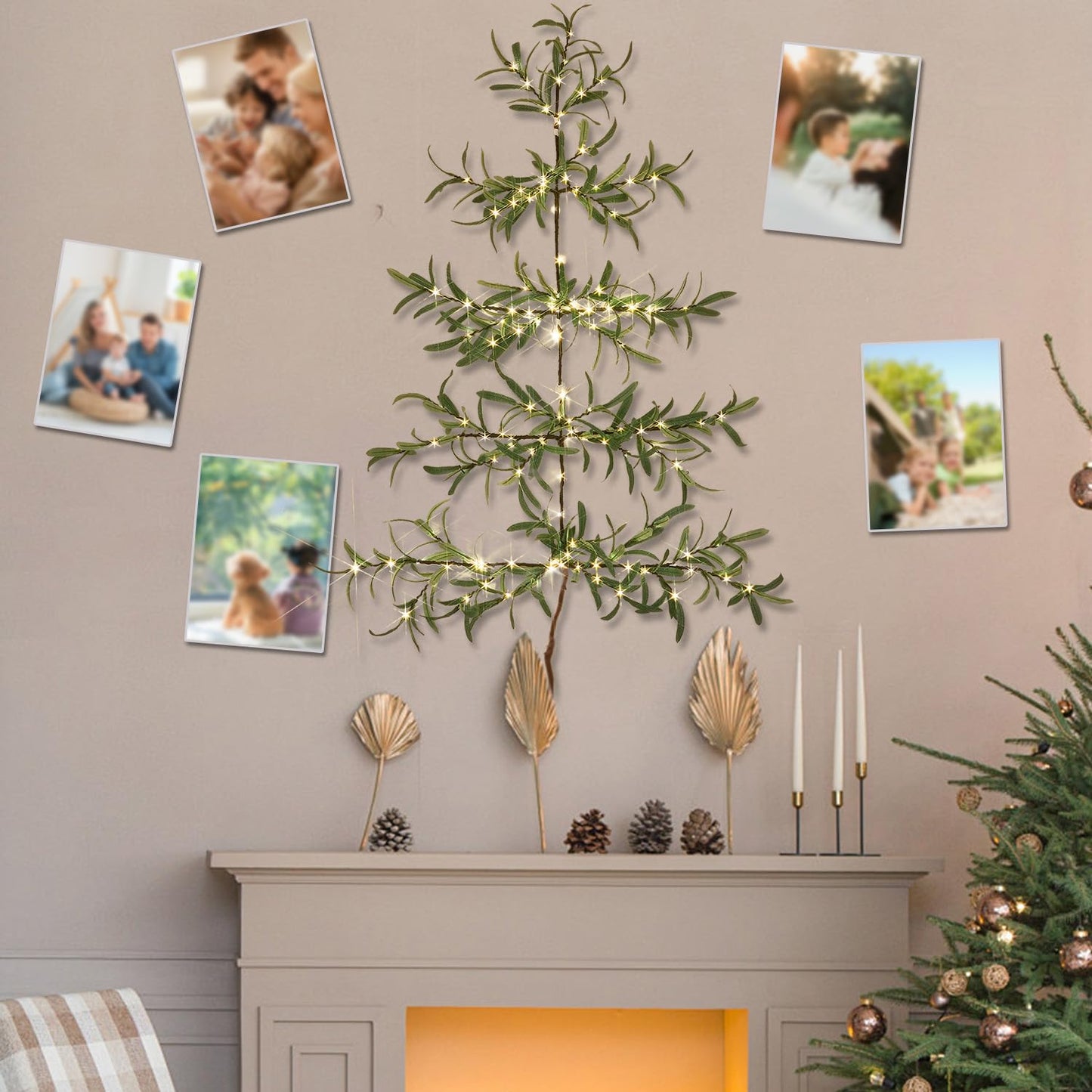 Fudios Olive Wall Christmas Tree with Lights 140 LED 3.5FT Prelit Hanging Greenery Branch Garland with Timer for Home Window Christmas Holiday Decoration