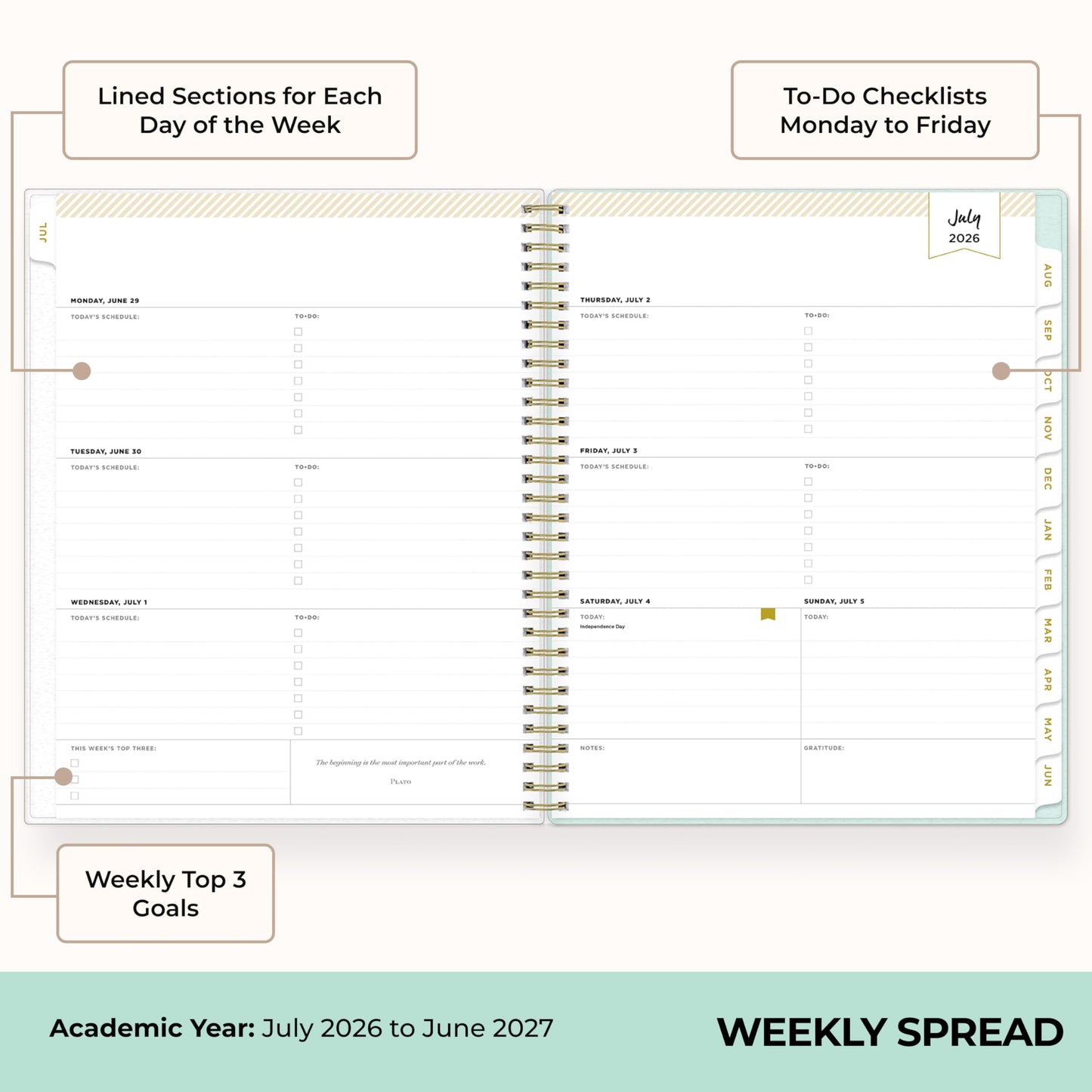 Blue Sky Day Designer 2026-2027 Weekly and Monthly Academic Year Planner Calendar, July 2026 - June 2027, 8.5" x 11", Flexible Cover, Laminated Tabs, Storage Pocket, Includes Stickers, Secret Garden Mint