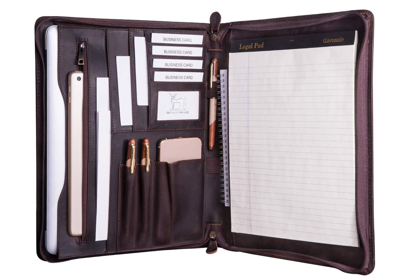 Gavarnie Genuine Leather Professioal Business Portfolio Padfolio Folder with Zipper for Men and Women,Work Portfolio for Letter Size Notepad, for Meeting and Travel, Dark Brown