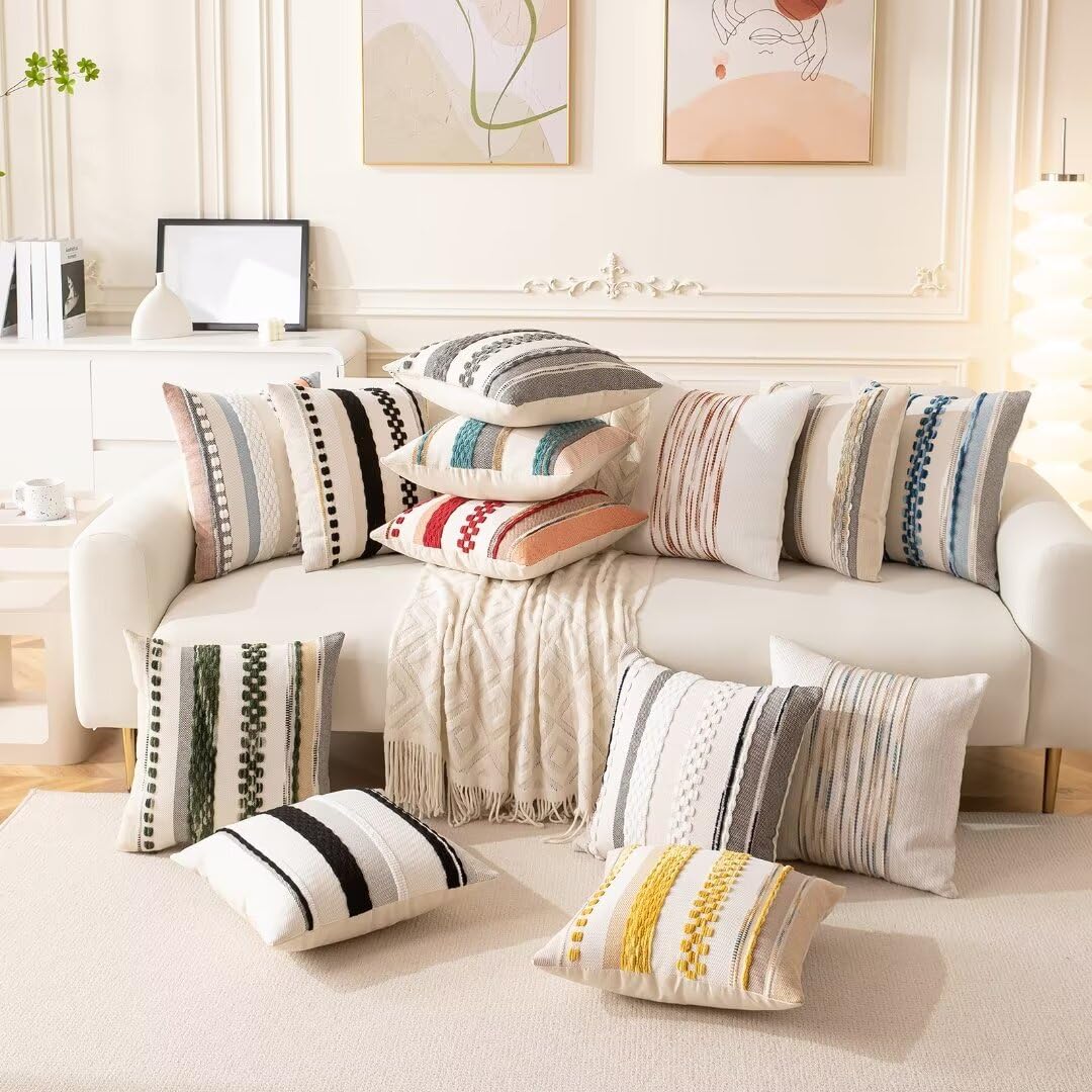 WANLIRD Boho Throw Pillow Covers 18x18 Set of 2 Farmhouse Decorative Cushion Case Striped Square Pillows Cover Chenille Pillow Cases Accent Neutral Pillowcase for Sofa Couch Bed,Black
