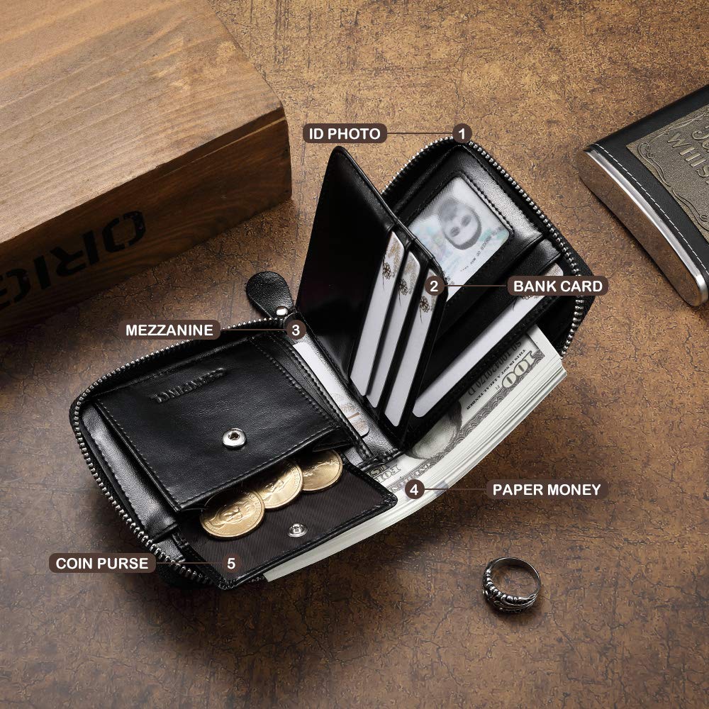 Mens Genuine Leather Zipper Wallet RFID Secure Large Capacity Double Fold Multi-card Leather Wallets for Men and coin purse (Oil wax black)