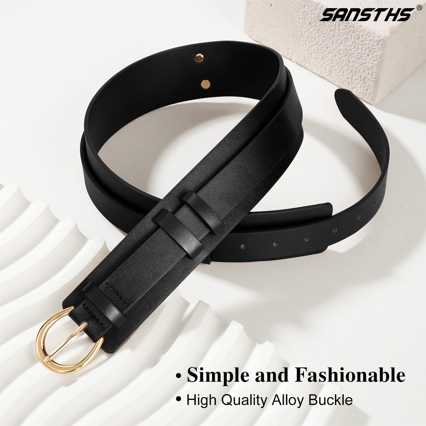 SANSTHS Belt for Women 2-in-1 Waistband for Dress Coats Pants, Women Wide Leather Belt with Fashion Buckle, Black S