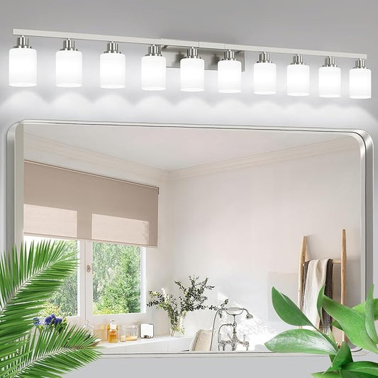 10-Light Bathroom Vanity Light Brushed Nickel,64.5in Vanity Lights with White Frosted Glass,Modern Bathroom Wall Lights Fixtures Over Mirror,Wall Sconces Lighting for Bedroom Living Room,E26