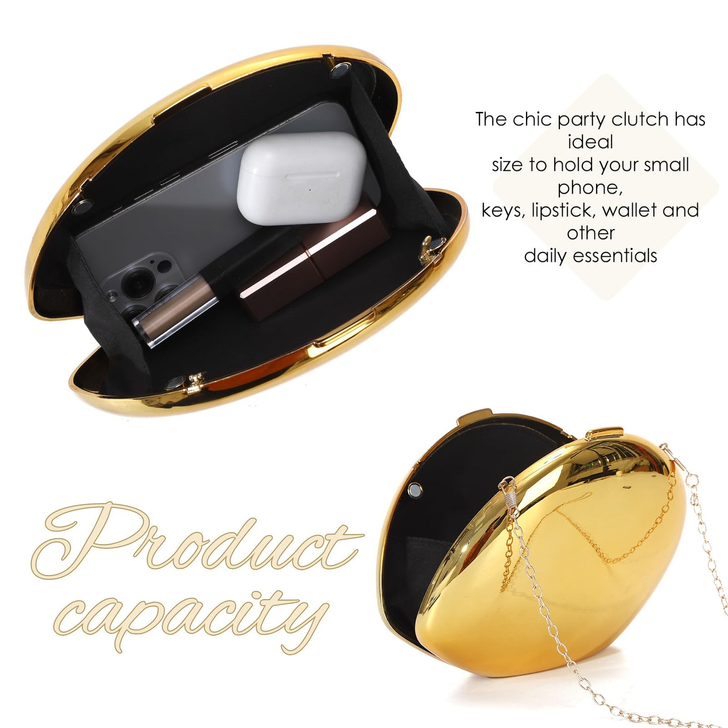 LUI SUI Women Gold Acrylic Clutch Purse Evening Bag, Pebble Glossy Metallic Shoulder Handbag, Shell Clutch for Wedding Party