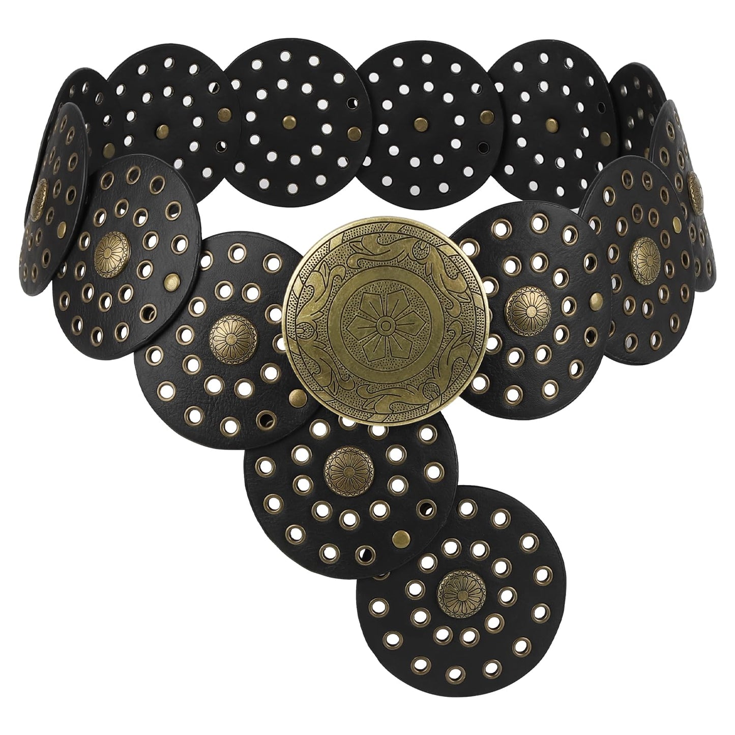 SNCEAW Western Belts for Women Wide Belts Country Concert Outfits Disc Belt Cowgirl Boho Leather Belt for Jeans Dress (Black-bronze Buckle, Fits waists up to 37")