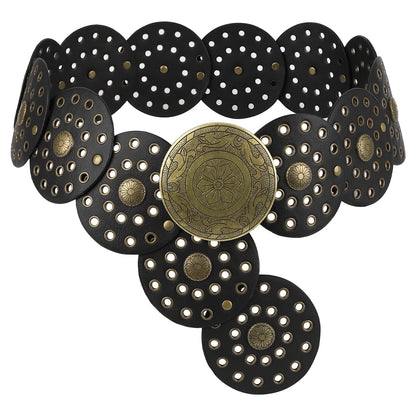 SNCEAW Western Belts for Women Wide Belts Country Concert Outfits Disc Belt Cowgirl Boho Leather Belt for Jeans Dress (Black-bronze Buckle, Fits waists up to 37")