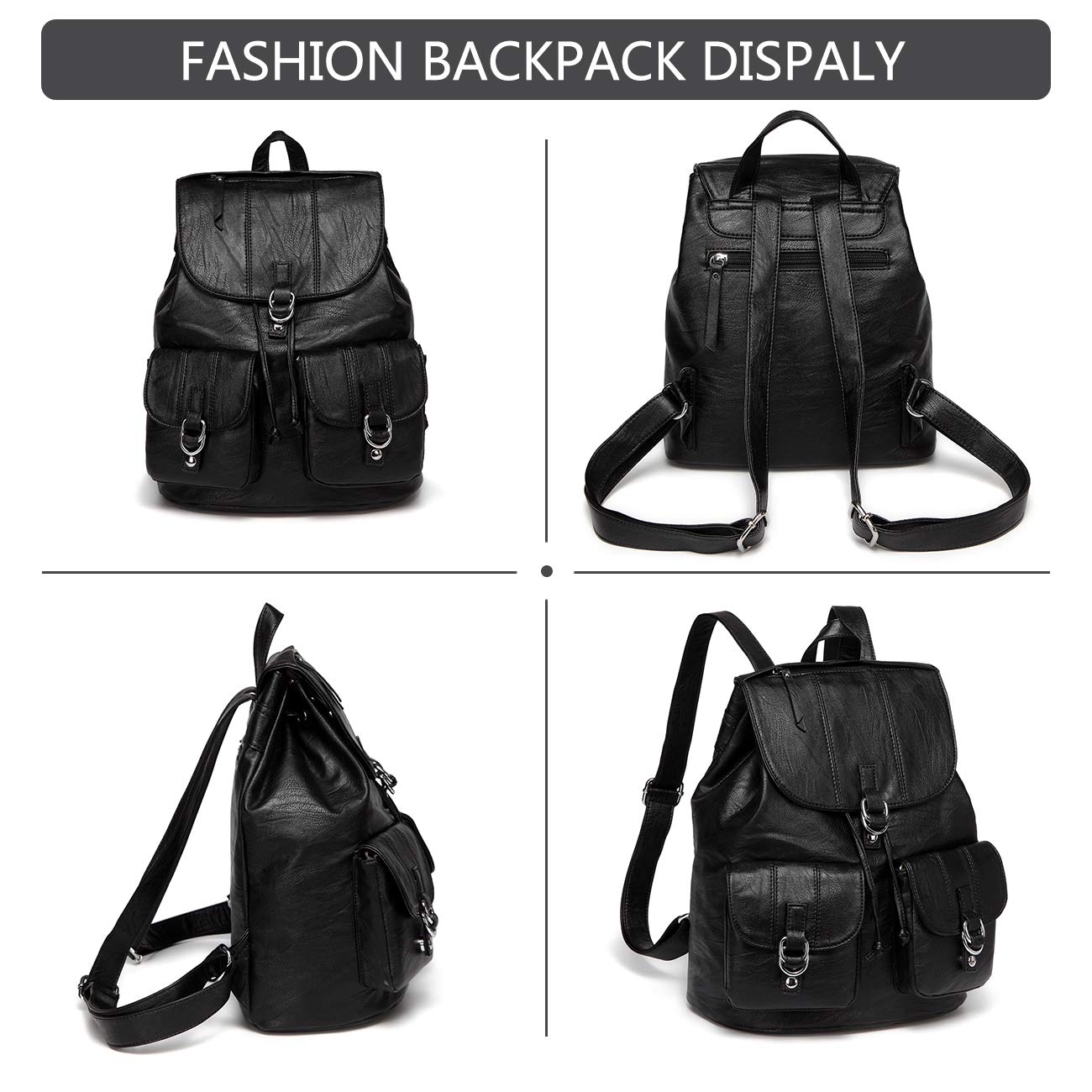 VASCHY Mini Backpack Purse for Women, Fashion Faux Leather Buckle Flap Drawstring Backpack for College with Two Front Pockets Black