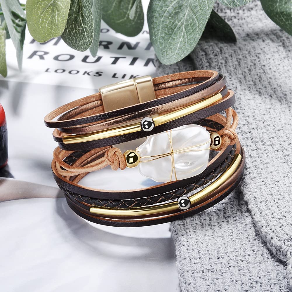 Fesciory Leather Wrap Bracelets for Women, Boho Leopard Multi-Layer Crystal Beads Cuff Bracelet Jewelry (Brown Leather(Pearl))