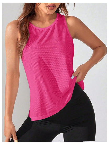 OYOANGLE Women's Open Back Workout Tops Racerback Athletic Loose Shirts Yoga Gym Clothes Sleeveless Running Tank Tops Hot Pink Medium
