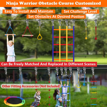 SZHTMZXC Ninja Warrior Obstacle Course for Kids Backyard Outdoor, 55ft Stainless Steel Main Cable, No Sagging, No Fraying, Weatherproof, 15 Ninja Training Accessories, Climbing Net, Swing, Wheel