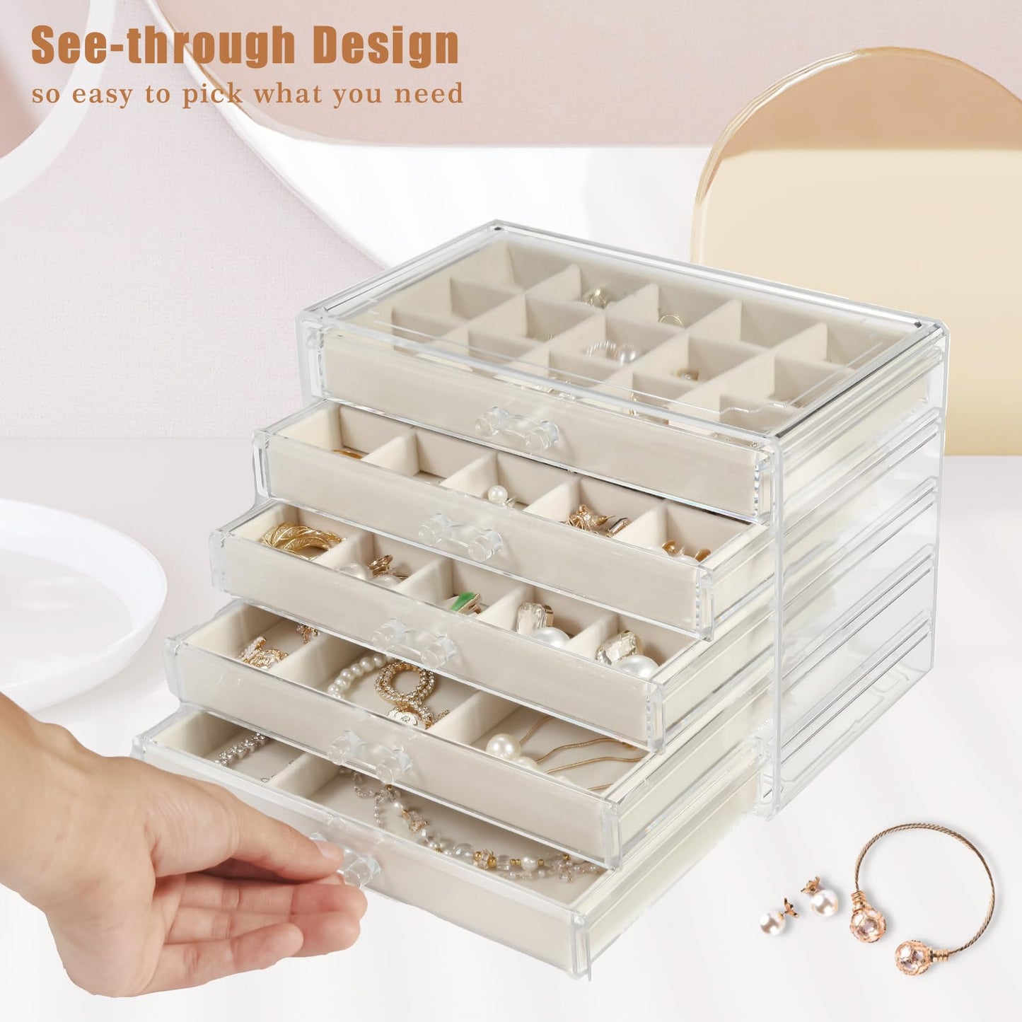 GUOER 5 Drawers Clear Jewelry Box for Women and Girls, Acrylic Earring Holder Organizer Ring Holder Display Storage, Mother's Day Warm White