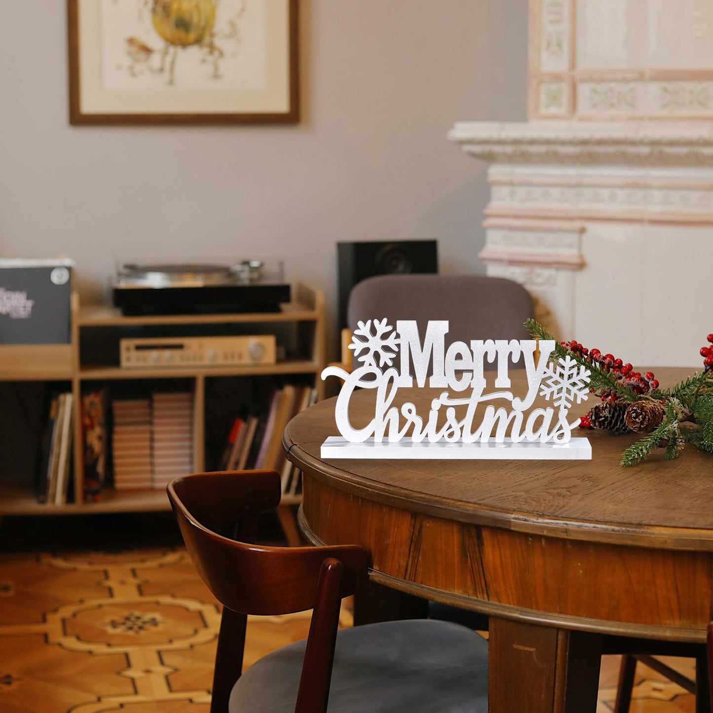 Wooden Merry Christmas Tabletop Decor, Elegant Wood Cutout with Glitter, Wooden Xmas Table Sign, Christmas Centerpiece for Xmas Party Decor for Table Tiered Tray Mantel (White)