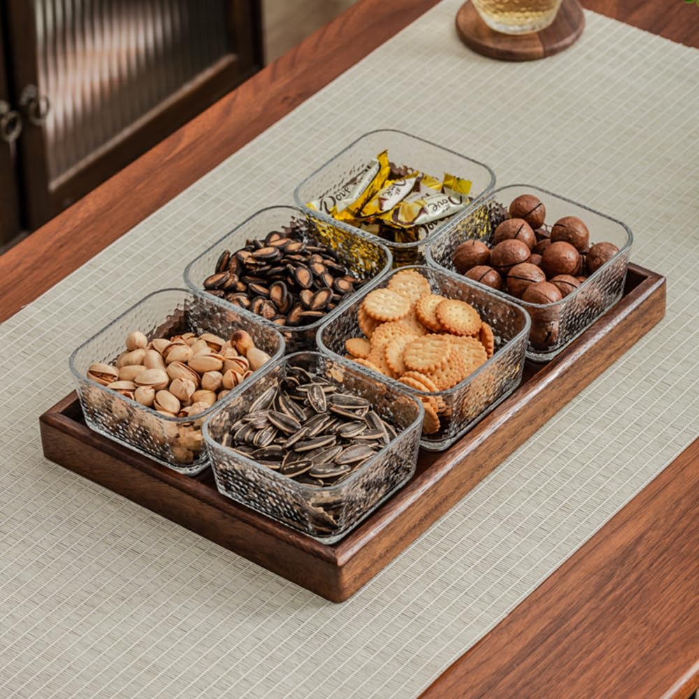 ANQIA Square Glass Snackle Box Container Snack Organizer and Fruit Platter with Walnut Wooden Lids and Tray Divided Serving Tray for Nuts Candy Fruits (6 Jars)