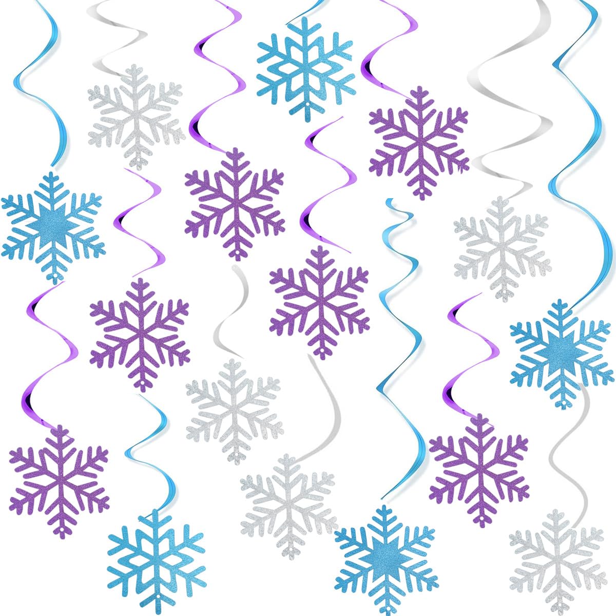 30PCS Frozen Snowflake Hanging Swirl Decorations, Winter Snowflakes Ceiling Streamers Sparkly Snow Decor for Birthday Party Christmas Winter Wonderland, Glitter Purple Blue Sliver Snowflakes Garland