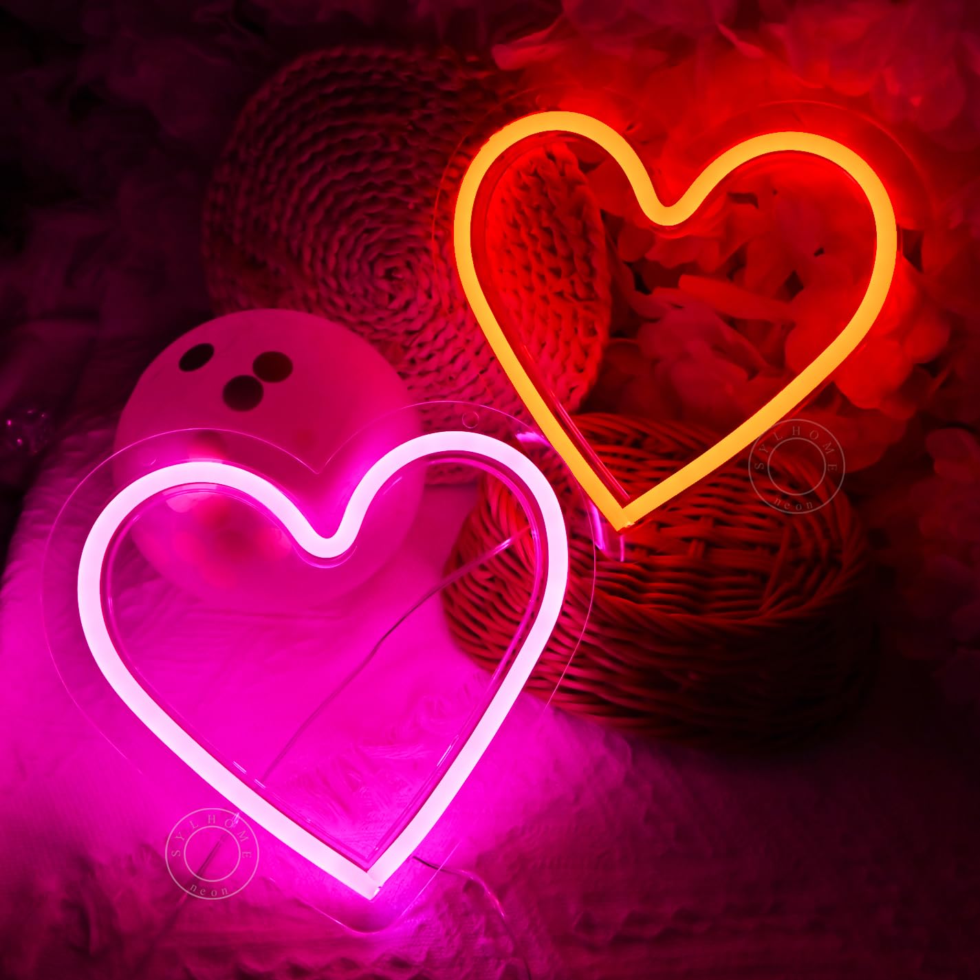 SYLHOME 2 Pack Heart Led Neon Light Sign Battery Operated or USB Powered Bedroom Wedding Wall Sign Decor Valentines Day Christmas Birthday Gifts USB 7.87" X 7.28" Pink & Red