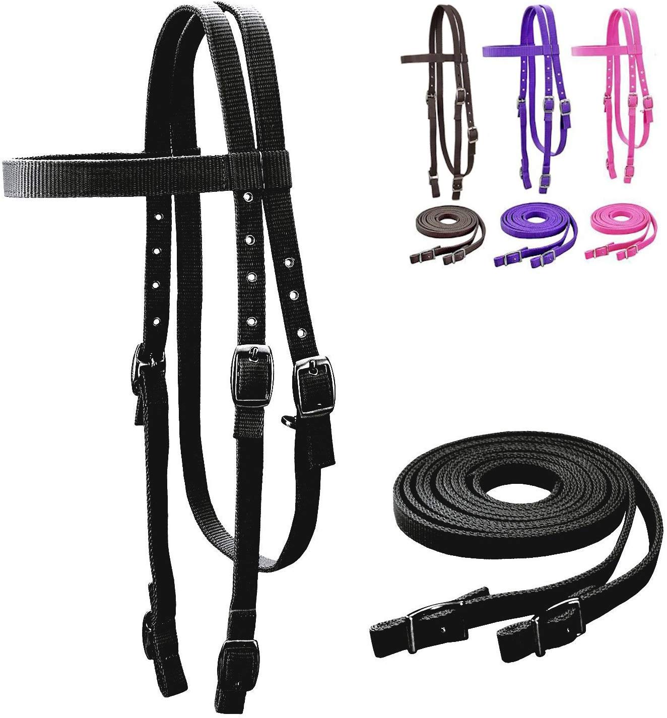 Tahoe Tack Plain Double Layer Nylon Padded Western Horse Headstall with Reins (Black, Cob/Arab)