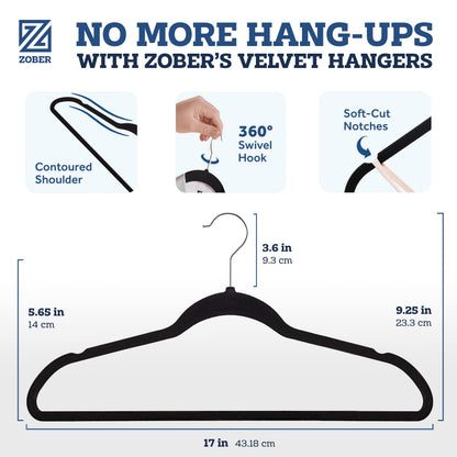 Zober Velvet Hangers 50 Pack - Black for Coats, Pants & Dress Clothes - Non Slip w/ 360 Degree Swivel, Holds up to 10 lbs - Strong Felt Hangers for Clothing