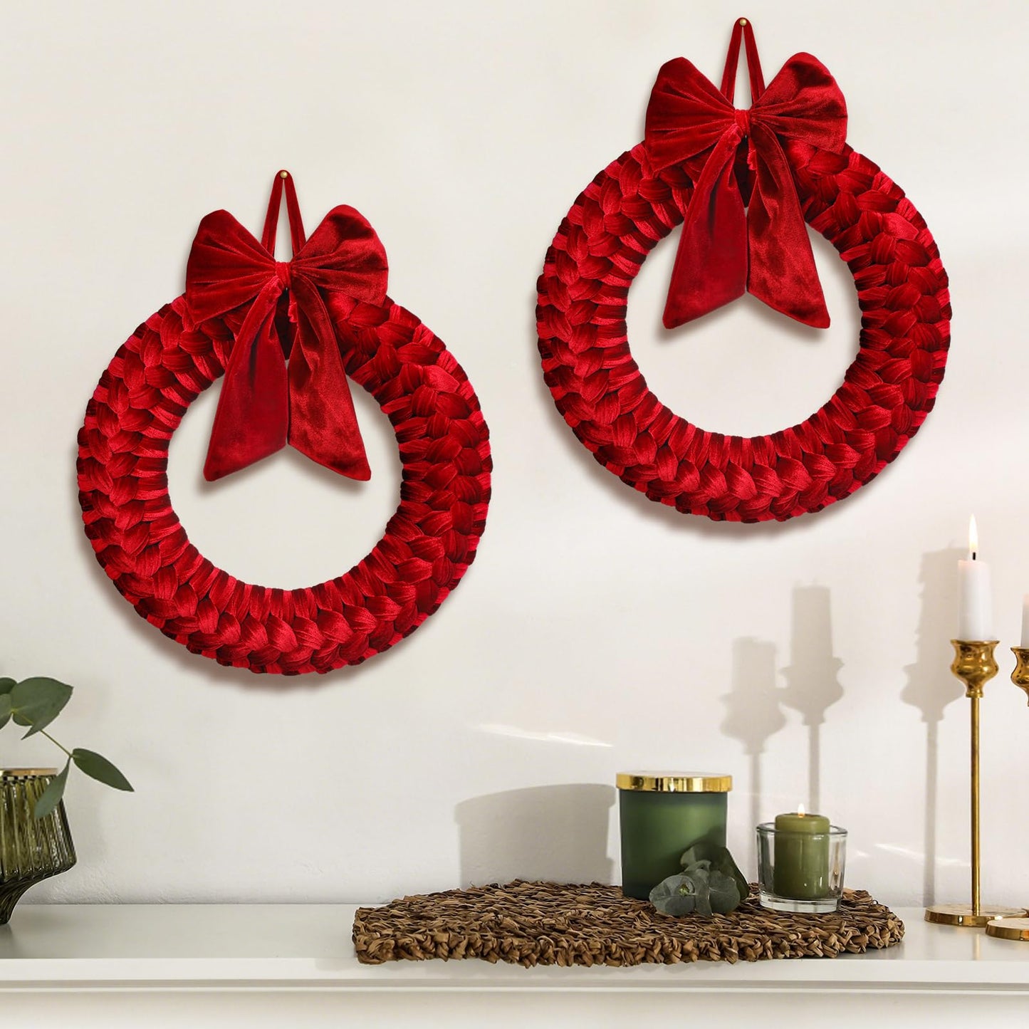 Barydat Christmas Velvet Wreath 14" Wreaths for Front Door Velvet Christmas Wreath Ornament with Bow for Party Table Fireplaces Porch Walls New Years Home Decor (Burgundy)