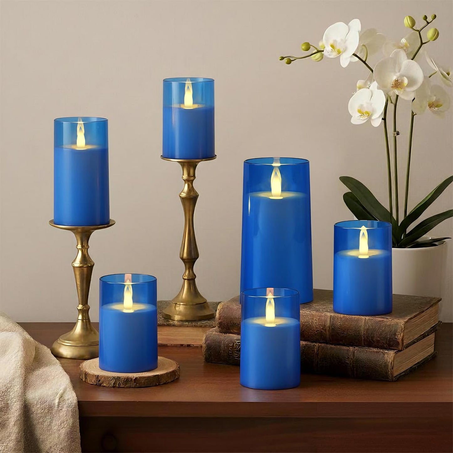 Raycare Flameless Electronic Pillar Candles with Remote Control and Timer- Battery Operated Realistic Flickering LED Fake Candle for Home, Wedding, Valentine's Day Decor,Blue,Set of 2(3"x6"6")