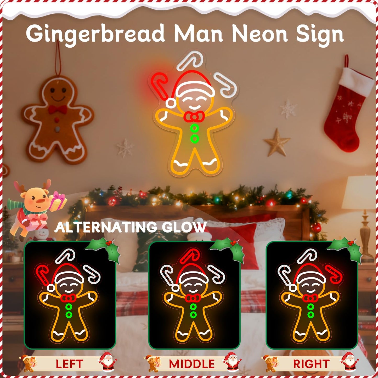 Christmas Neon Sign Gingerbread Man Throwing Candy Cane Neon Light Dimmable Led Gingerbread Wall Decorations Fun Christmas Waving Light Up Sign for Gifts