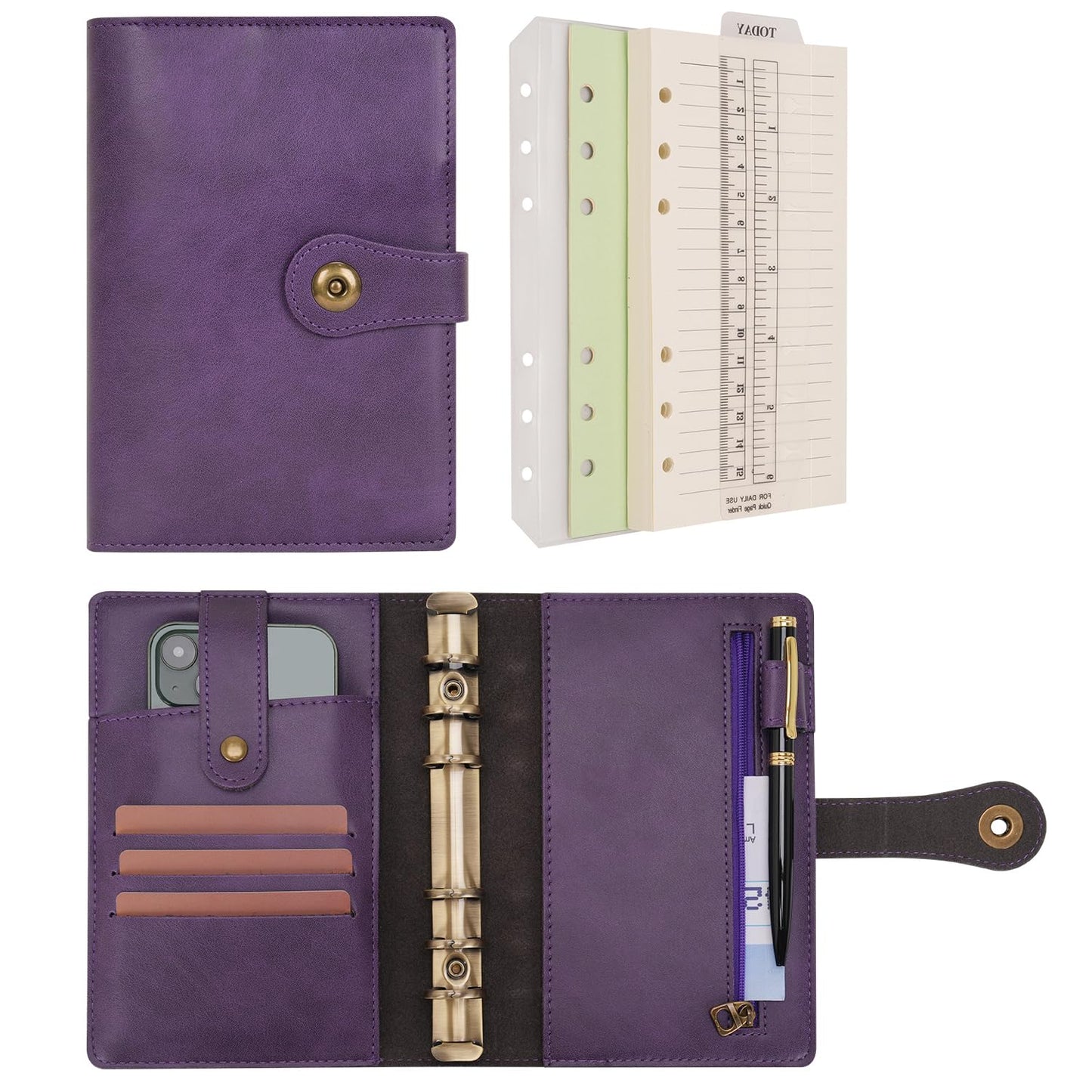 Wonderpool A6 Binder Journal Leather Spiral Notebook Refillable College Ruled Paper, Budget Binder Rings Diary Organizer with Pen for Office School Travel Business Planning Writing (Purple,A6)