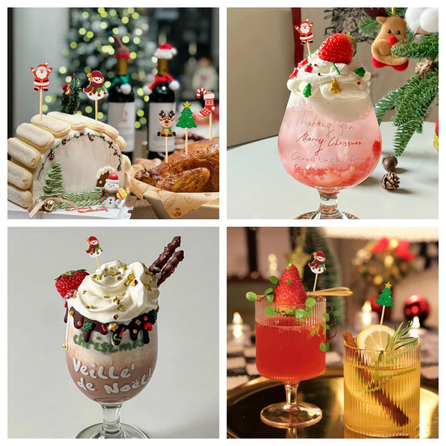 Jiesky 125pcs 5in Christmas Cocktail Picks Christmas Tree Snowman Santa Claus Reindeer Christmas Stocking Bamboo Cocktail Toothpicks Fruit Food Appetizer for Christmas Party Decorations