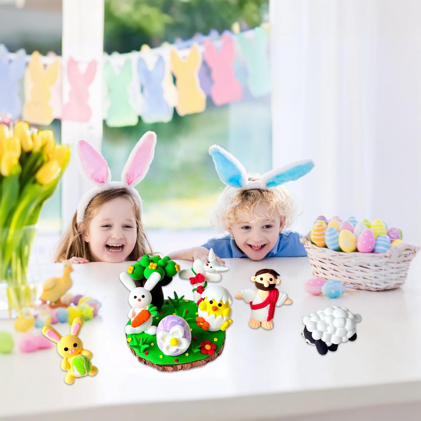 LAHAND Easter Air Dry Clay Kits for Kids,DIY Model Magic Clays,Jesus，Bunny，Eggs Craft DIY kit, This Clay Sets Can be Used as Easter Basket Stuffing or Classroom Party Favors