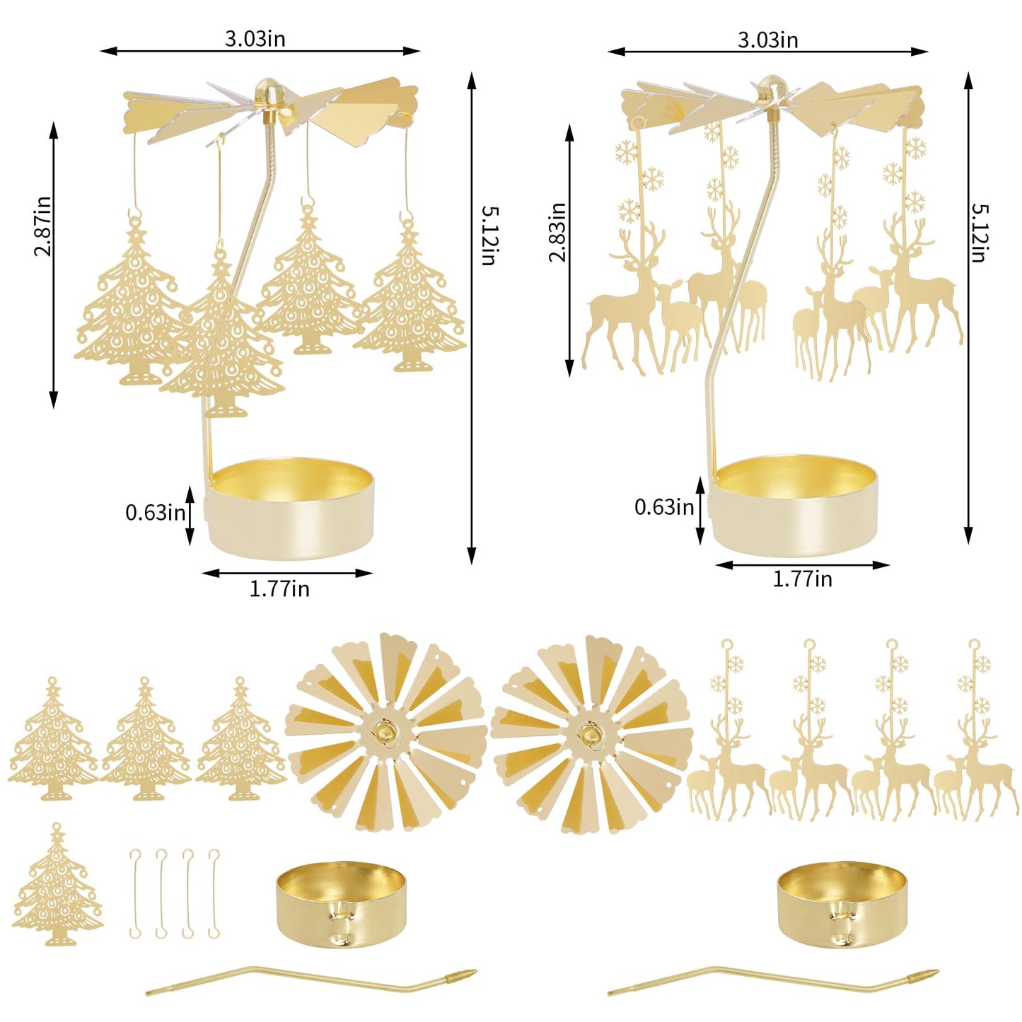 2Pcs Rotary Candle Holder Spinning Tea Light Candle Holder Gold Christmas Tree & Reindeer Style Metal Rotating Candlestick