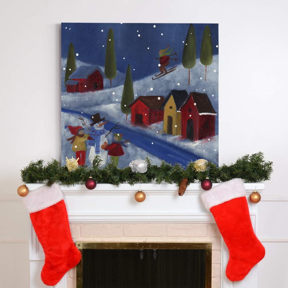 Renditions Gallery Winter Snow Scene (1) Wall Art, Cute Christmas Artwork, Skiing, Building a Snowman, Red Barn, Premium Gallery Wrapped Canvas Decor, Ready to Hang, 40 in H x 40 in W, Made in America