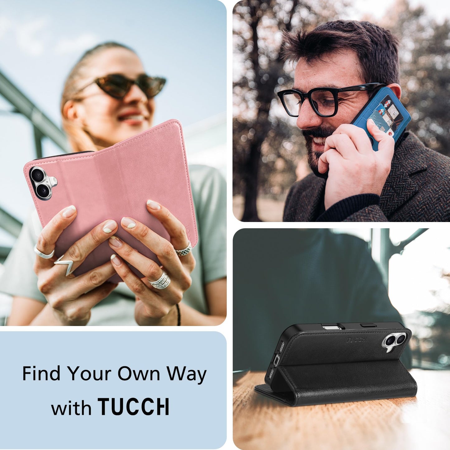 TUCCH Case Wallet for iPhone 16 Plus, [3 Card Holder Slots] Folio PU Leather Cover, [RFID Blocking] Stand Flip TPU Shockproof Interior Case Compatible with iPhone 16 Plus, Black