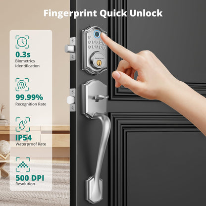 Keyless Entry Door Lock with Handle Set - Fingerprint Door Locks, Electronic Keypad Deadbolt, Smart Locks for Front Door, Auto-Lock & One Touch Locking, Easy Installation - Satin Nickel