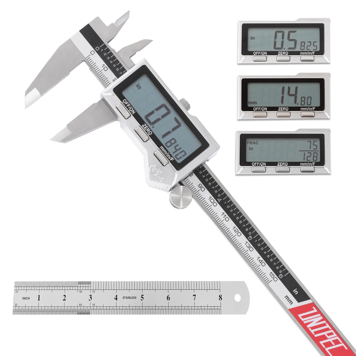 6 inch Stainless Steel Digital Caliper (IP54) & Stainless Steel Rule Set, Easy Switch from Inch/Metric/Fraction, Splash-Proof Protection with Large LCD Display – DIY/Household