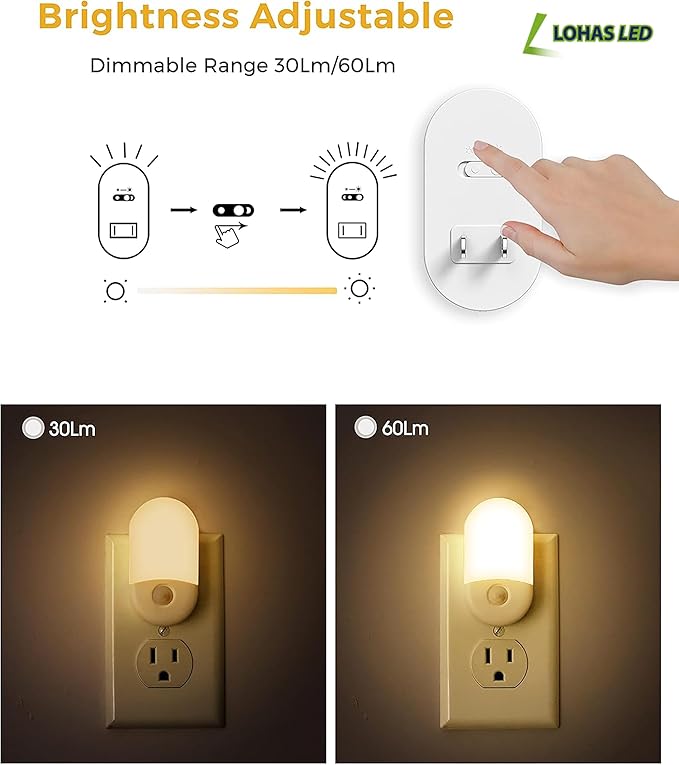 L LOHAS LED Motion Sensor Night Light, Motion Activated Night Light, 4Pack, 3000K Warm White, Night Lights Plug into Wall Motion Sensor, 30/60LM Adjustable Brightness, for Kids Adults Bathroom Kitchen
