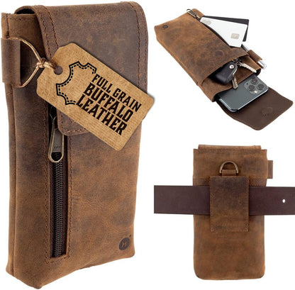 Moonster Leather Phone Holster – Genuine Full-Grain Leather for iPhone 17/16/15/14 Pro Max & Plus, Galaxy S25/S24 Ultra – Slim Belt Clip Phone Pouch with Magnetic Closure, Fits Thick Cases – 7” x 3.5”
