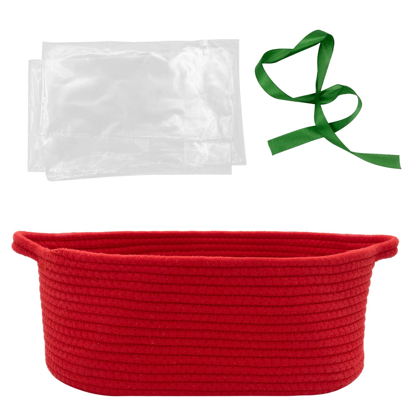 Woven Basket with Gift Bags and Ribbons, 14"X 10" X 6" Gift Storage Organizer Bin Shelf Shelves Cotton Rope Basket for Nursery, Pet Toys (Red)