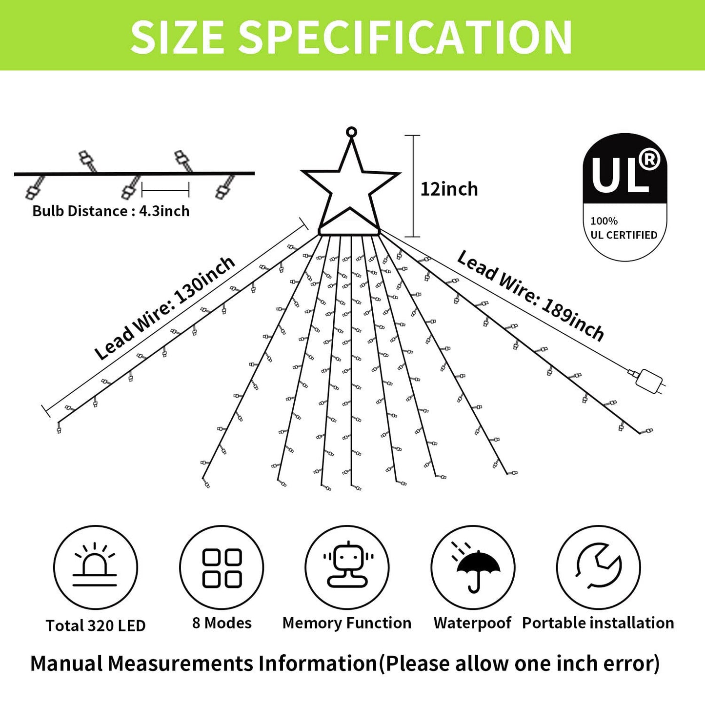 MINIAO Christmas Decorations Star String Lights, 320 LED Waterfall Tree Lights with 13" Topper Star 8 Lighting Modes Indoor Outdoor Decorative for New Year, Holiday, Wedding, Party
