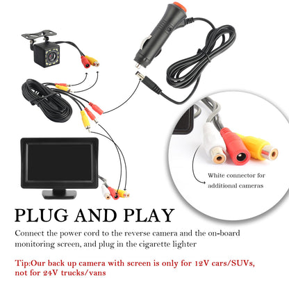 Plug & Play Backup Camera with Monitor 4.6'',12 LED HD Rearview Mirror Camera for Night Vision,150° Wide Angle Universal Car Reverse Camera with Monitor System Fits 12V Cars SUVs