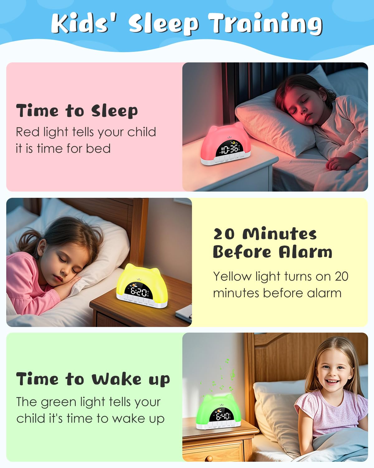 Homiyteck Kids Alarm Clock, OK to Wake Alarm Clock for Kids, Cat Clock with 11 Colors Night Light, 10 Soothing Sounds, Child Lock, Dual Alarms, Sleep Training, Birthday Gift for Boy Girls Children