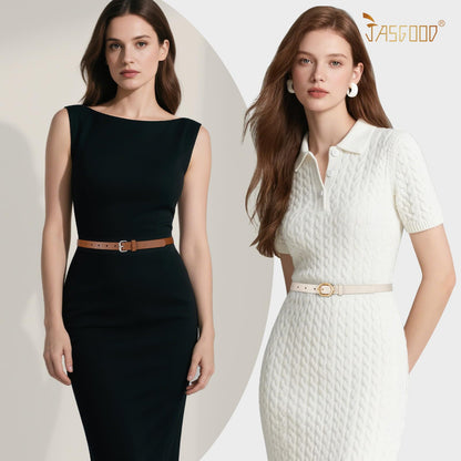 JASGOOD 4 Pack Women Skinny Leather Belt for Dresses with Gold Buckle Ladies Thin Waist Belt for Jeans Pants，Black+Blue+Brown+Beige