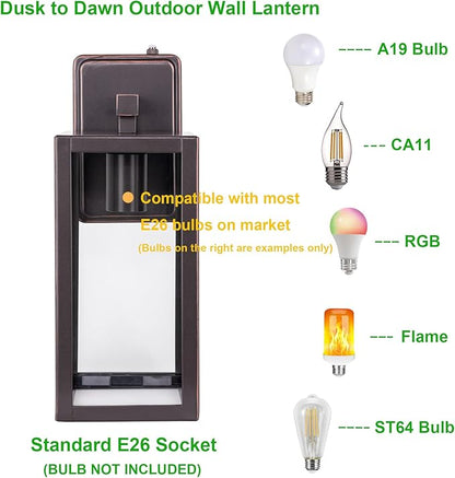 LIT-PaTH Dusk to Dawn Outdoor Wall Lantern, Wall Sconce as Porch Lighting Fixture, E26 Medium Base Max 60W, Anti-Rust Metal with Glass Shade, Oil Rubbed Bronze Finish, 1-Pack