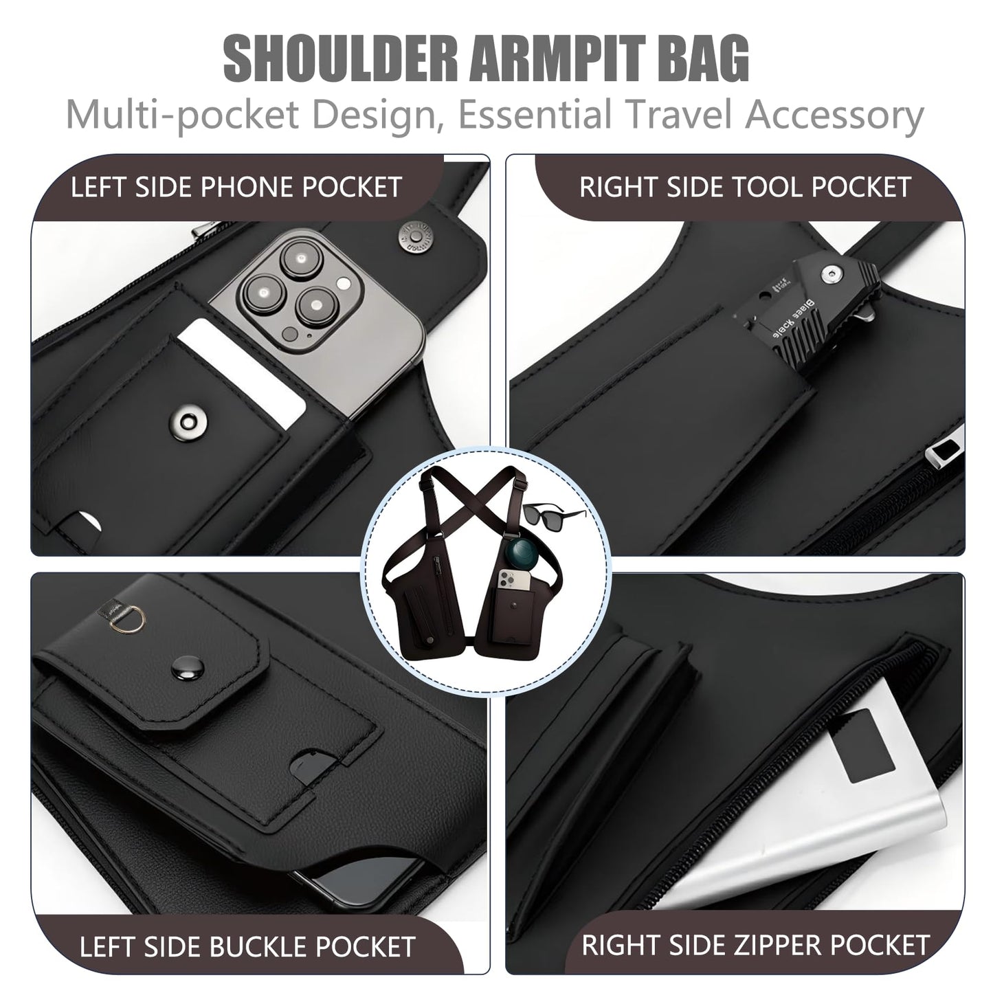 Double Shoulder Armpit Bag,Upgraded Anti-Theft Underarm Wallet with Pocket Holster Phone Leisure Double Shoulder Pouch for Men & Women,Multi-Purpose Armpit Tactical Bag,Travel & Outdoors (Black)