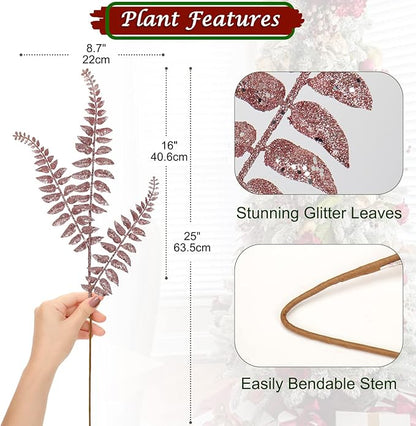 DILATATA 6Pcs Christmas Glitter Leaves Boston Fern Leaves 25" Artificial Rose Gold Fern Leaf Picks Sprays Giltter Stems for Christmas Tree DIY Xmas Wreath Garland Home Decor - Rose Gold