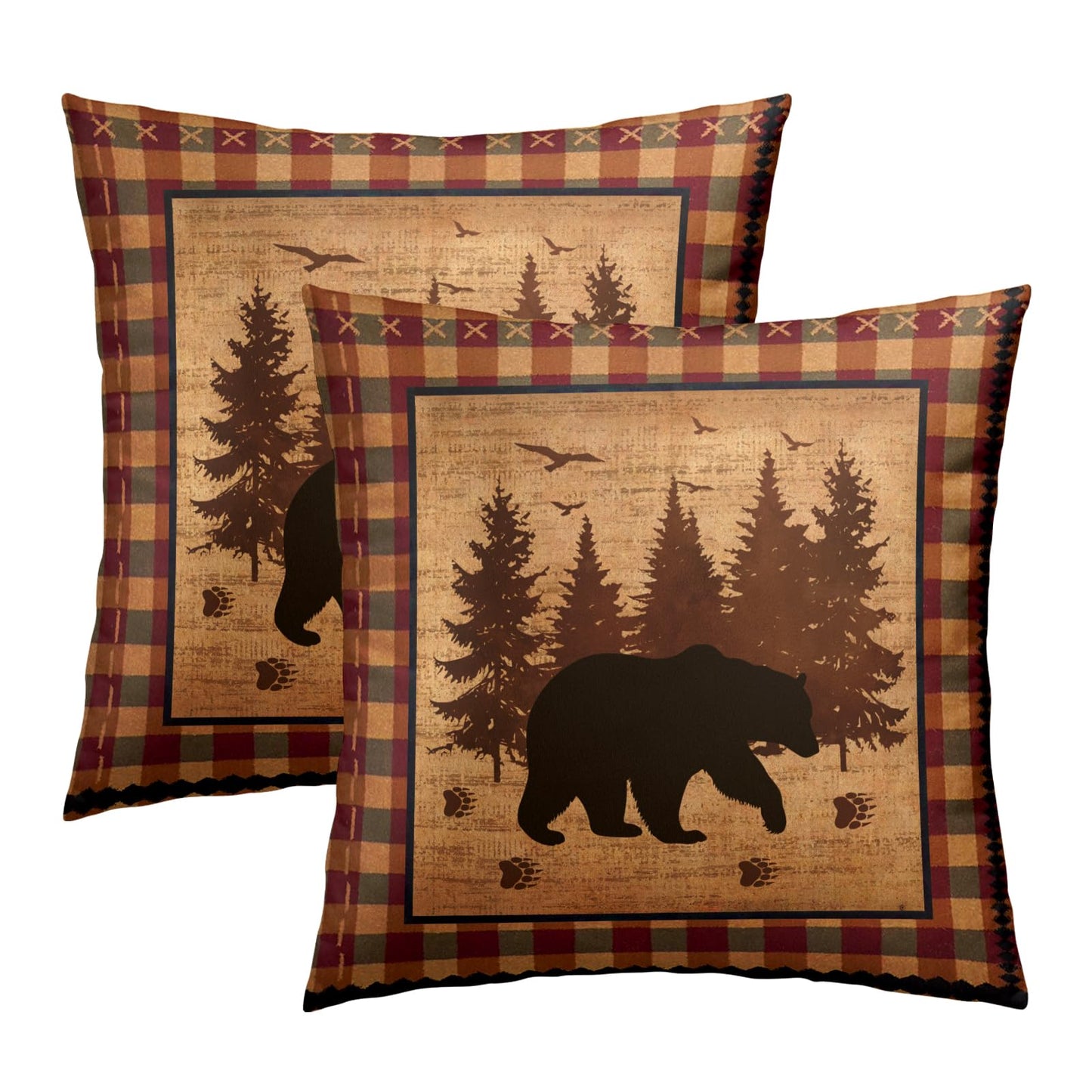 Imiss Bear Throw Pillow Covers 18x18 Inch Set of 2 Forest Cabin Nature Wildlife Square Pillowcase Buffalo Plaid Decorative Cushion Cover for Outdoor Sofa Bedroom Car