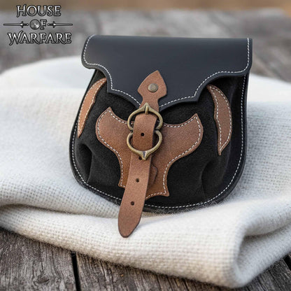 Medieval Belt Pouch – Genuine Leather & Suede Bag with Brass Buckle | Spanish Applique | LARP Renaissance Viking & Fantasy Accessory (Barbarian Warrior Bag)