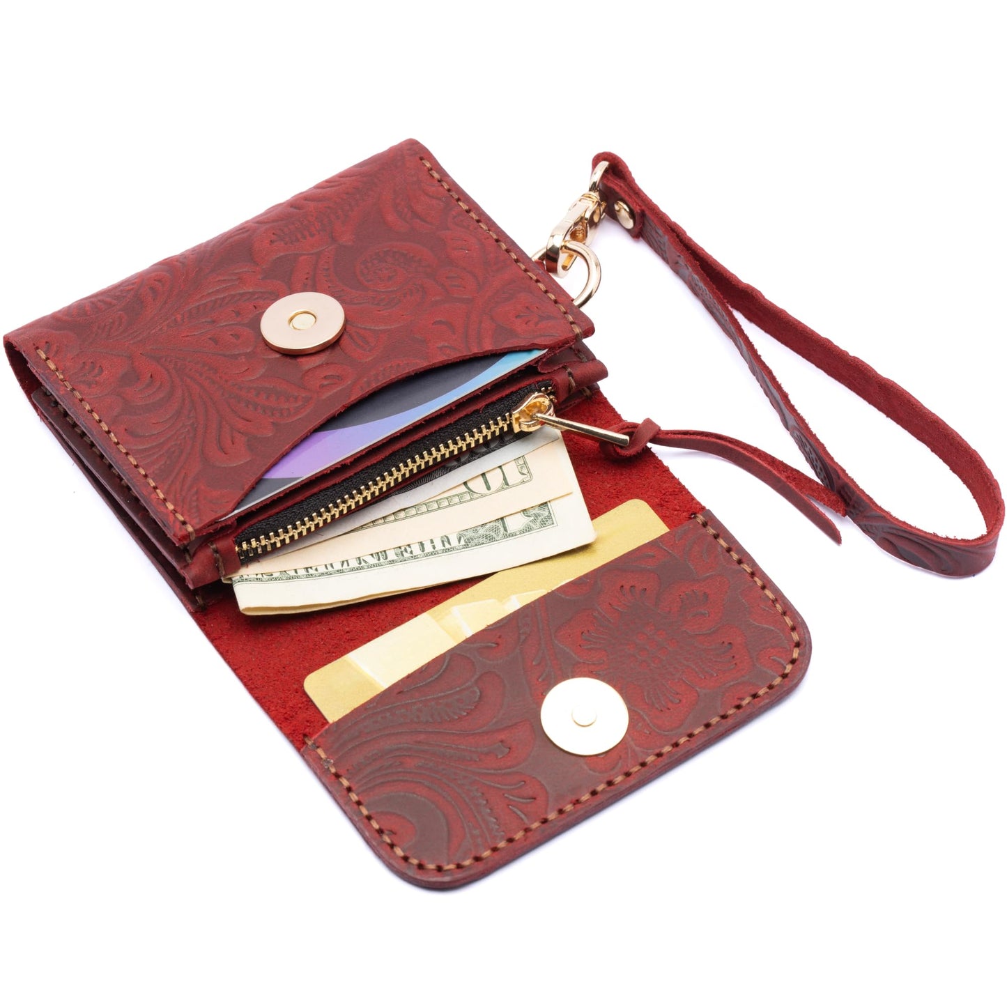 Toros Craft Handmade Wristlet Wallets for Women, Western Leather Small Credit Card Holder with Zipper, Minimalist & Cute Coin Pouch, Genuine Leather, Red