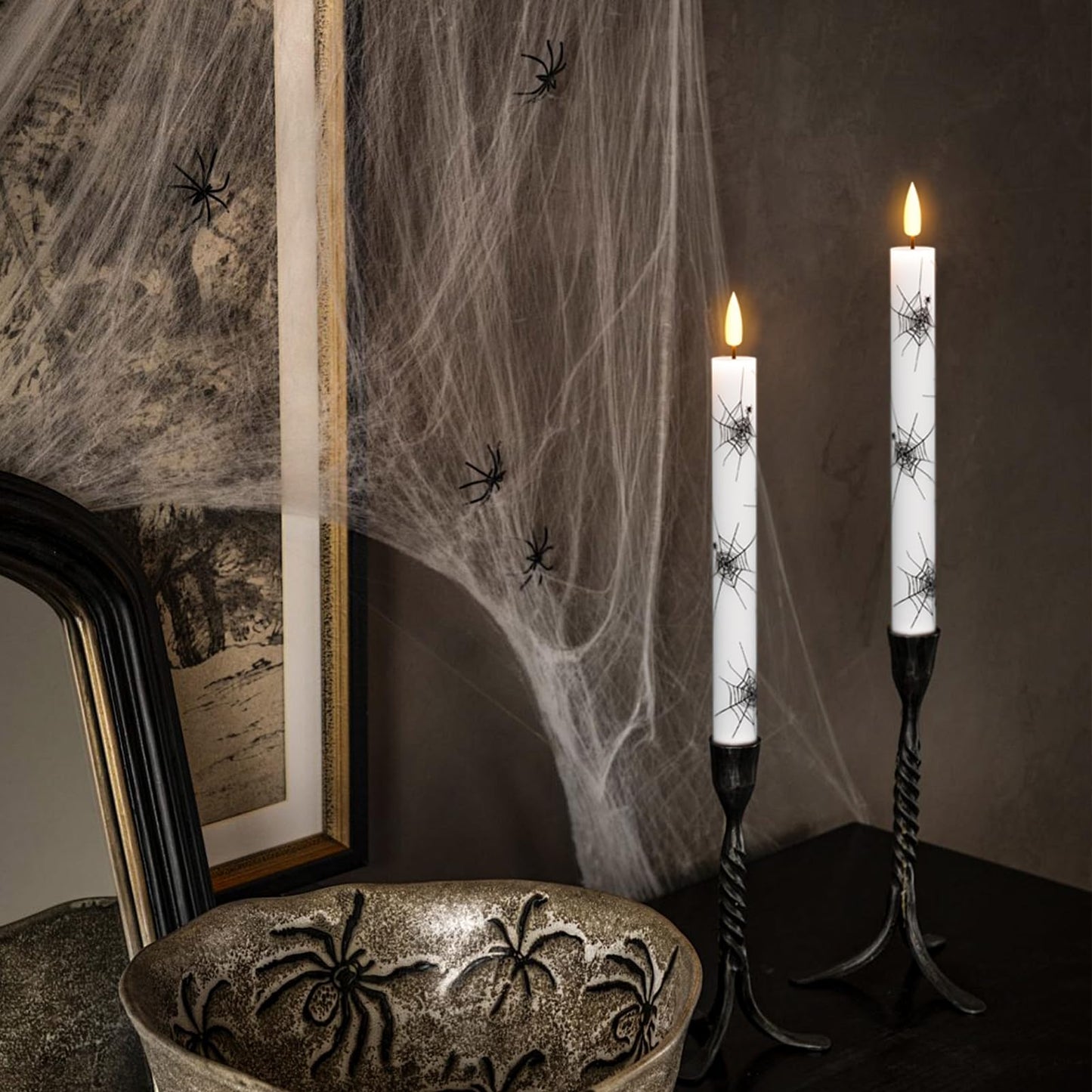 GenSwin Real Wax Flameless Taper Candles, 4 Pack Halloween LED Taper Candles Battery Operated with Remote Timer, Flameless Candlesticks with Spider Web Prints for Halloween Decoration (0.75” x 9.65”)
