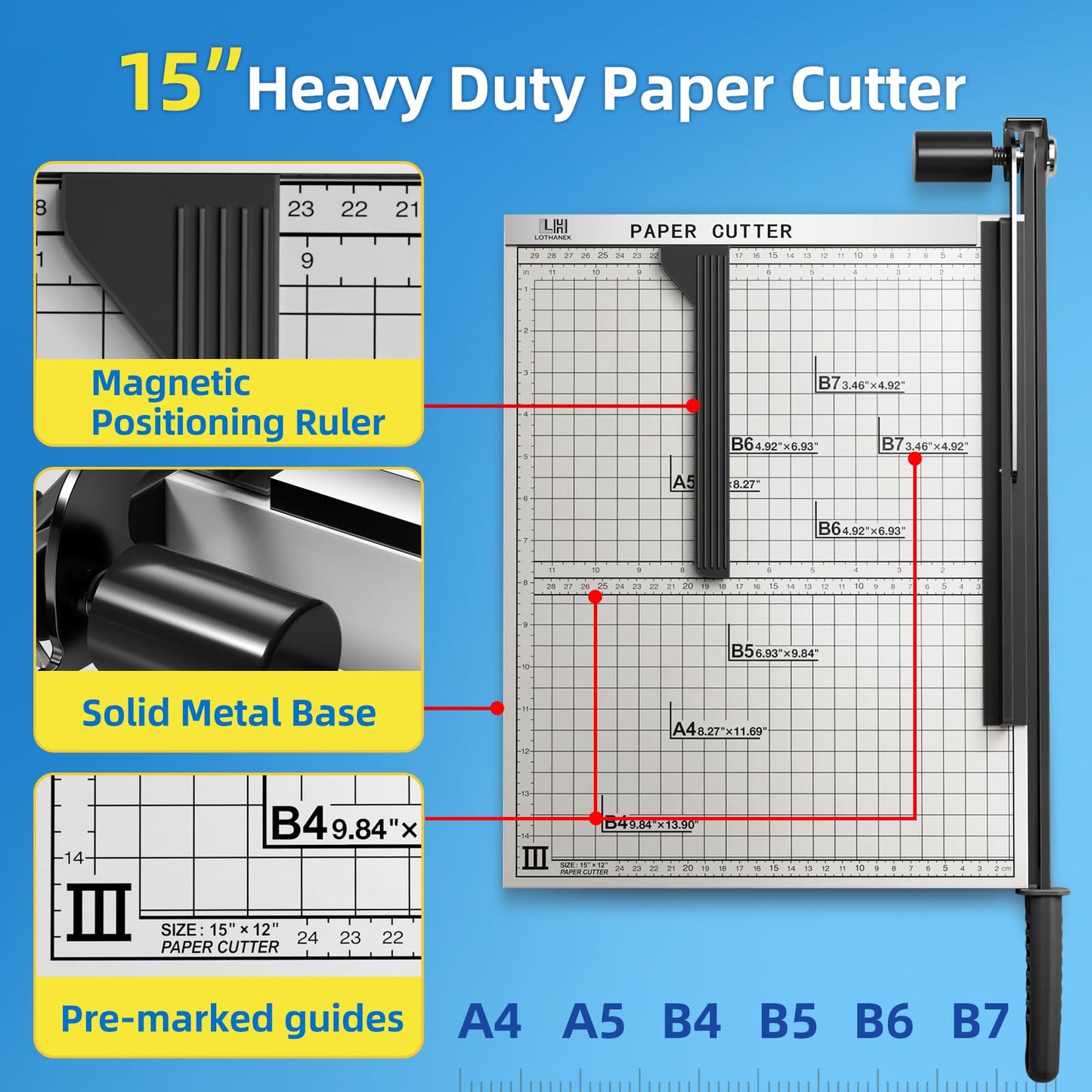 15 inch Guillotine Paper Cutter, LOTHANEK Heavy Duty Metal Base Cutting Machine B4 Paper Trimmer with Guide Ruler, Cutting 15 Sheets for Commercial Home Office