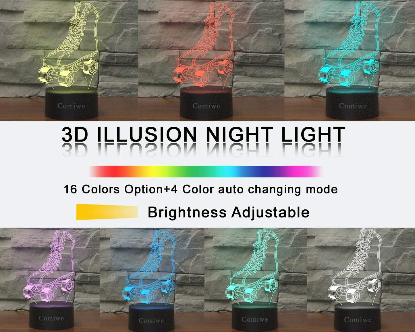 Comiwe Quad Roller Skates 3D Illusion Night Light,16 Colours Change Smart Touch & Remote Control,Home Decor LED Bedside Table Lamp,Christmas Birthday Gift for Girls Boys Kids Adults Friends & Family